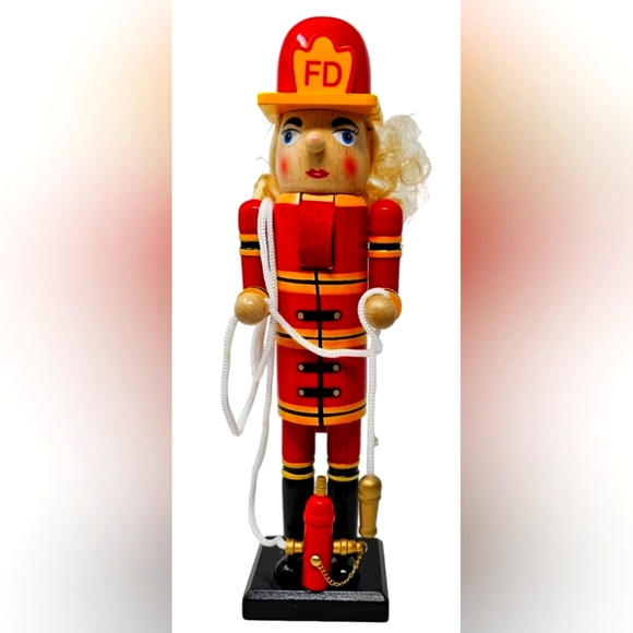 Female Fireman Firefighter Wood 14" Nutcracker - Picture 1 of 4